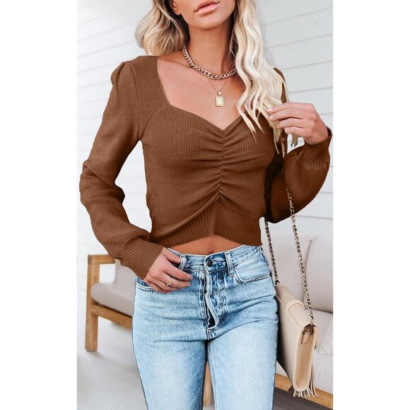 Long Sleeve Cropped Sweater Women Off Shoulder V Neck Ruched Ribbed Knit - Picture 2 of 5